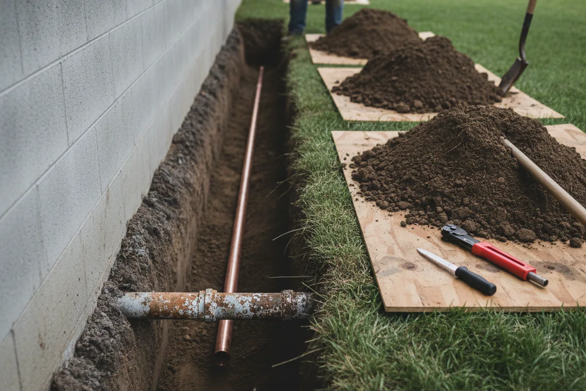 Excavated water line trench during Sewer Line Repair in Regina
